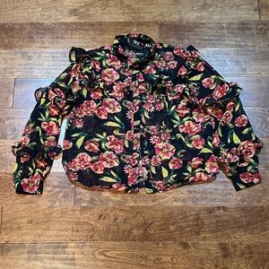 Floral Ruffle Blouse - Black and Pink